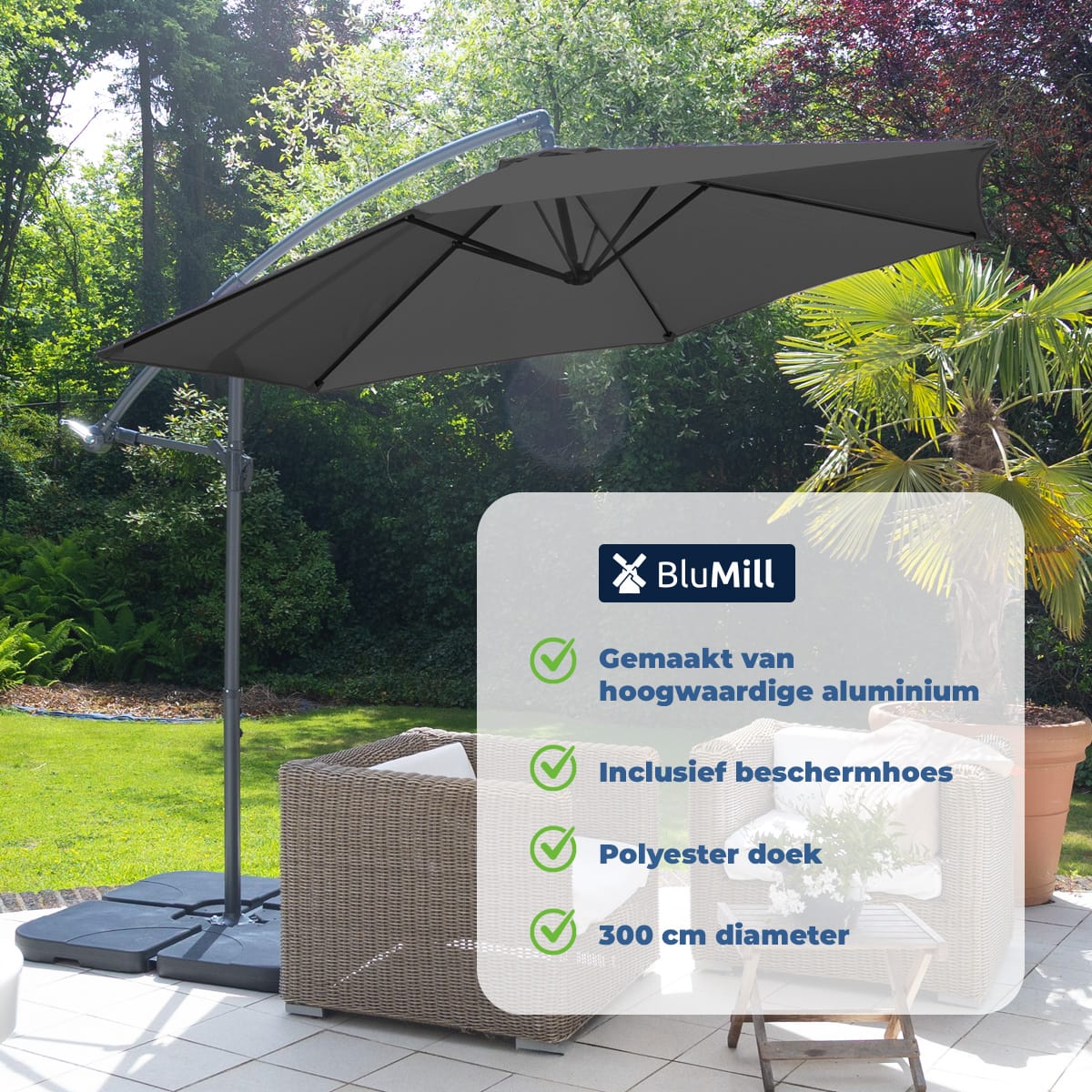 BluMill Zweefparasol inclusief beschermhoes