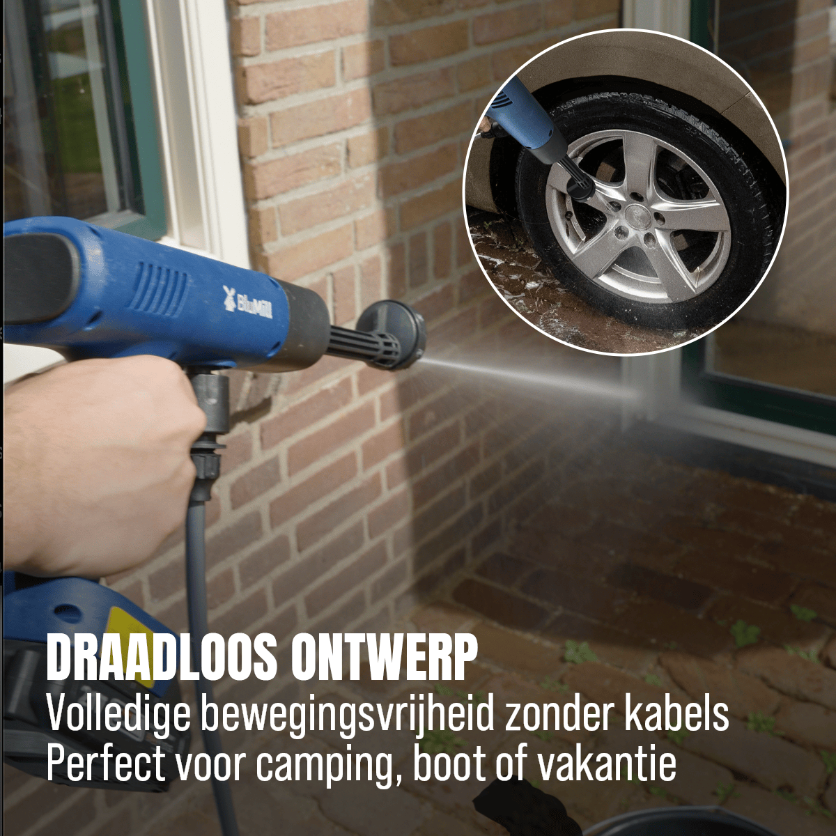Draadloze BluMill hogedrukreiniger voor auto, tuin en terras